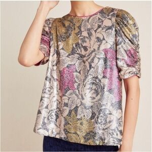 Anthropologie Sequin Floral Blouse Top Sz 8 Gold Party Evening Puff Sleeve Shiny